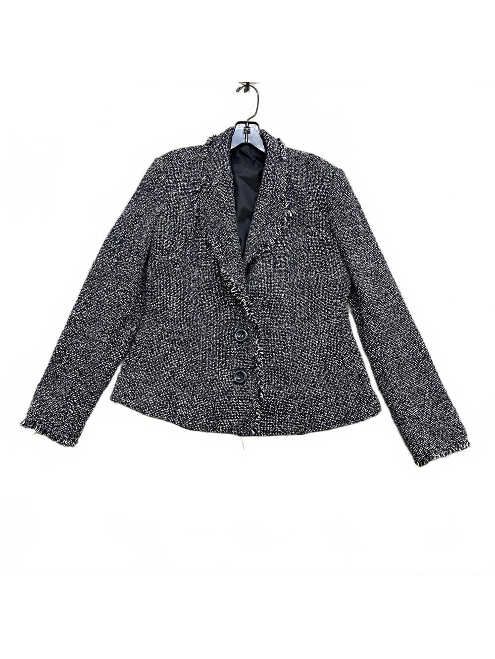 Valy Tweed Bouclé Blazer Black & White Fringe Trim Fitted Women's S